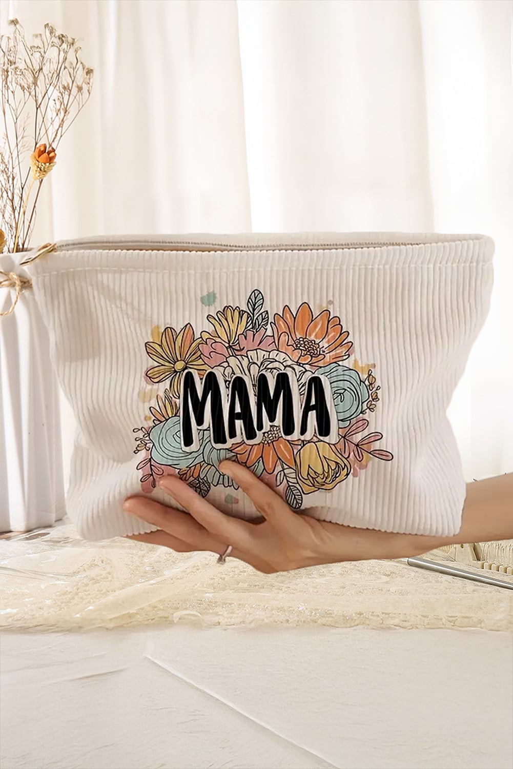 White MAMA Flower Print Corduroy Large Cosmetic Bag