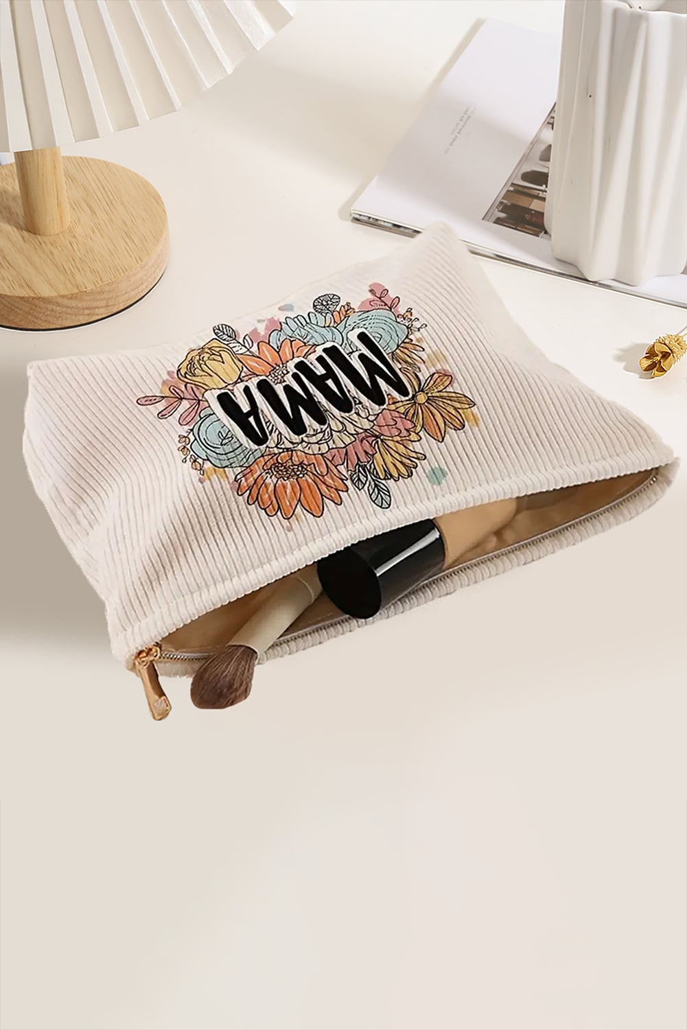 White MAMA Flower Print Corduroy Large Cosmetic Bag