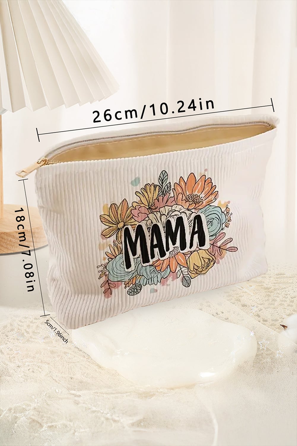 White MAMA Flower Print Corduroy Large Cosmetic Bag
