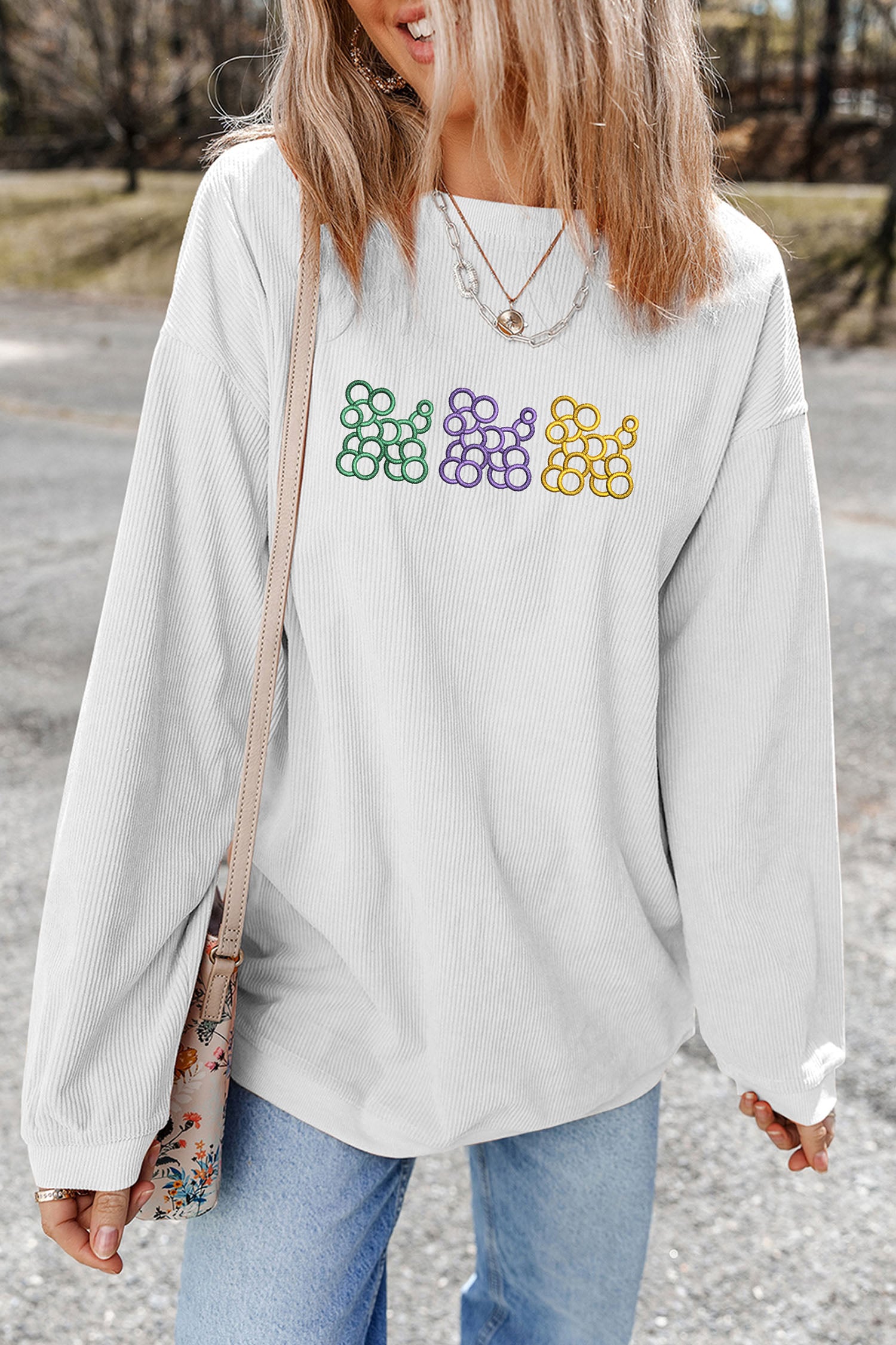 White Mardi Gras Cute Balloon Dogs Embroidered Corded Ribbed Sweatshirt