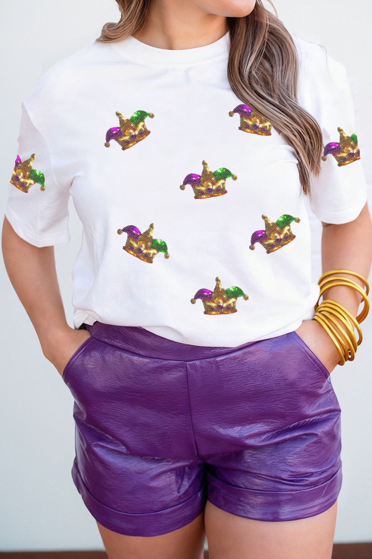 White Mardi Gras Sequin Crown Womens Casual T Shirt