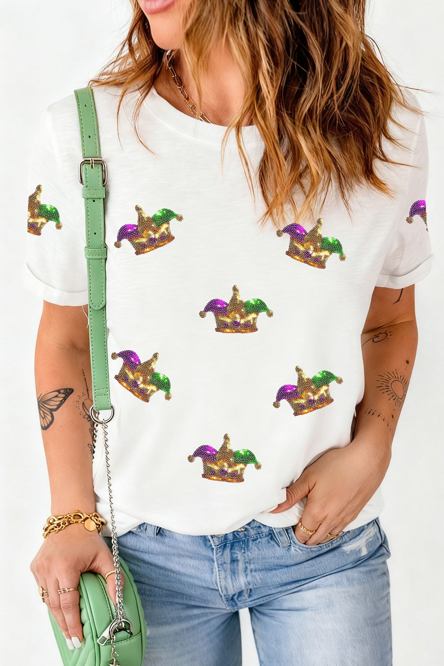 White Mardi Gras Sequin Crown Womens Casual T Shirt