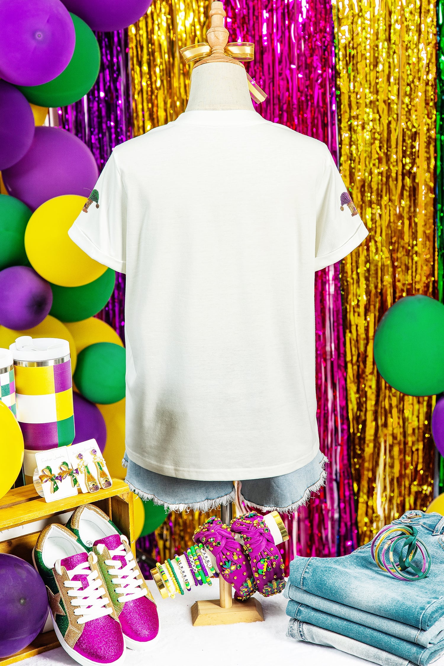 White Mardi Gras Sequin Crown Womens Casual T Shirt