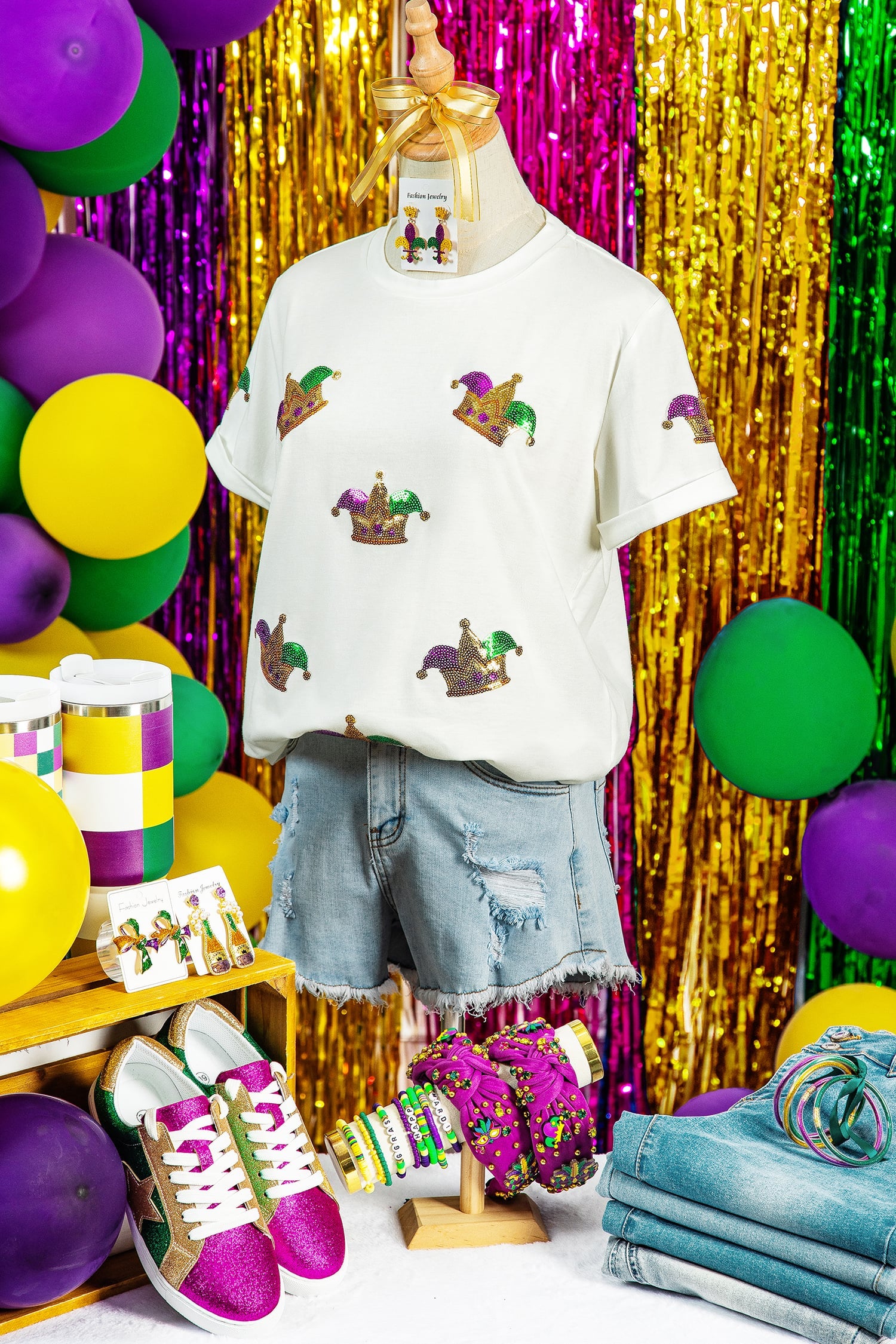 White Mardi Gras Sequin Crown Womens Casual T Shirt
