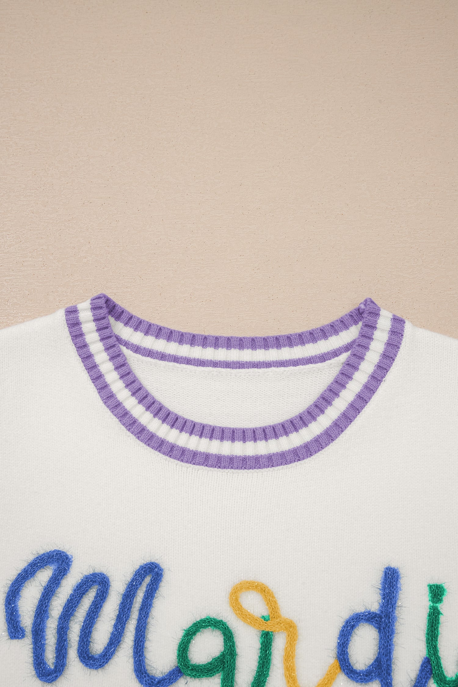 White Mardi Gras Tinsel Letter Graphic Short Sleeve Sweater