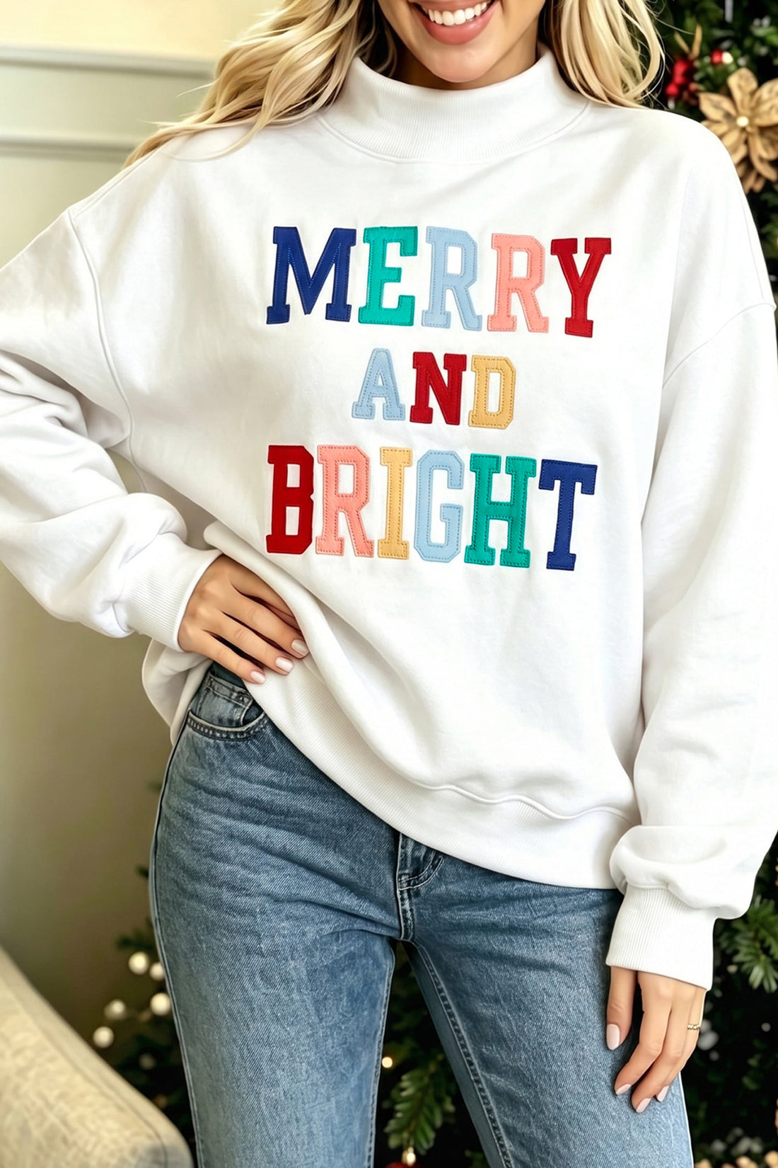 White MERRY AND BRIGHT Stitched Letter Pattern Mock Neck Sweatshirt