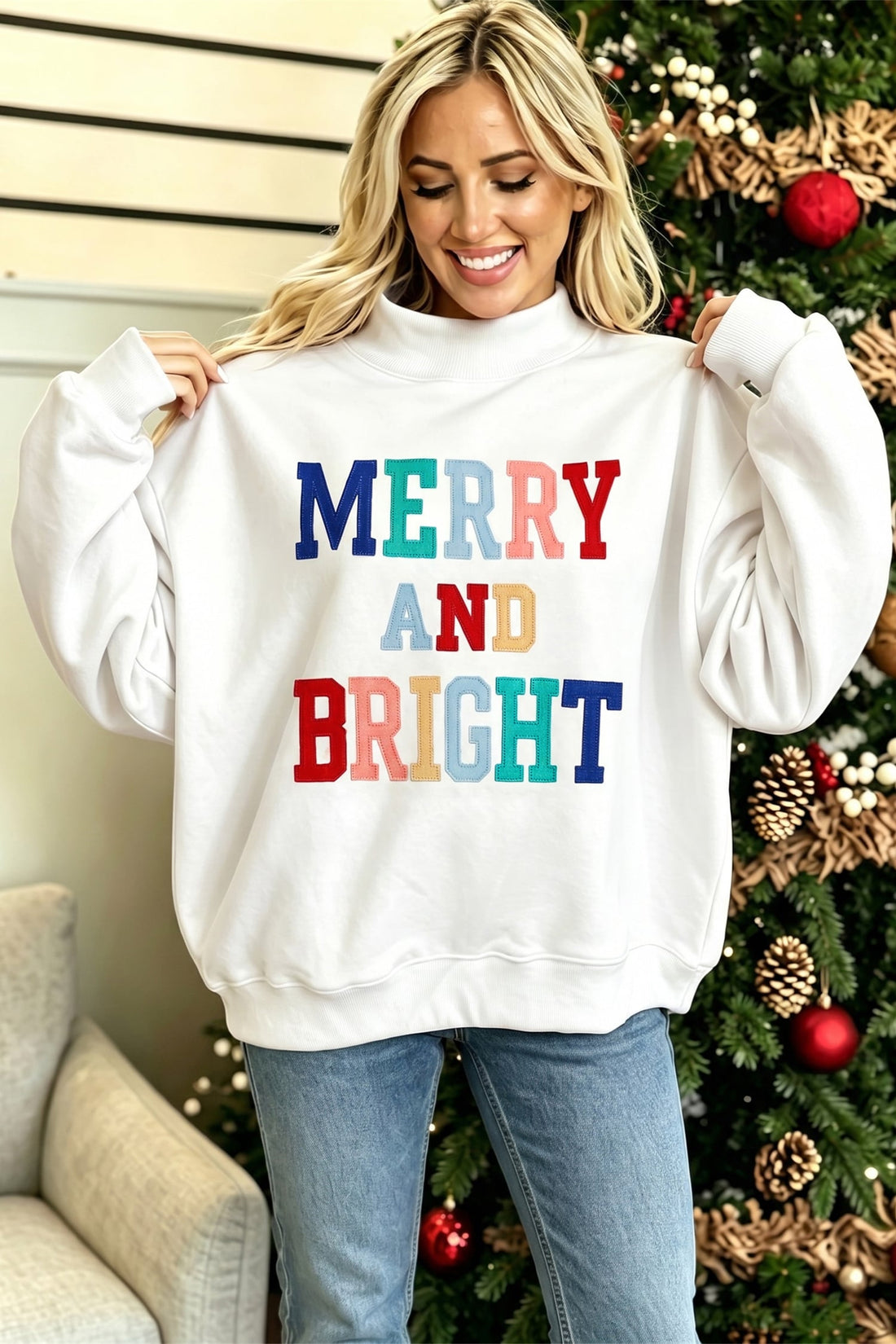 White MERRY AND BRIGHT Stitched Letter Pattern Mock Neck Sweatshirt