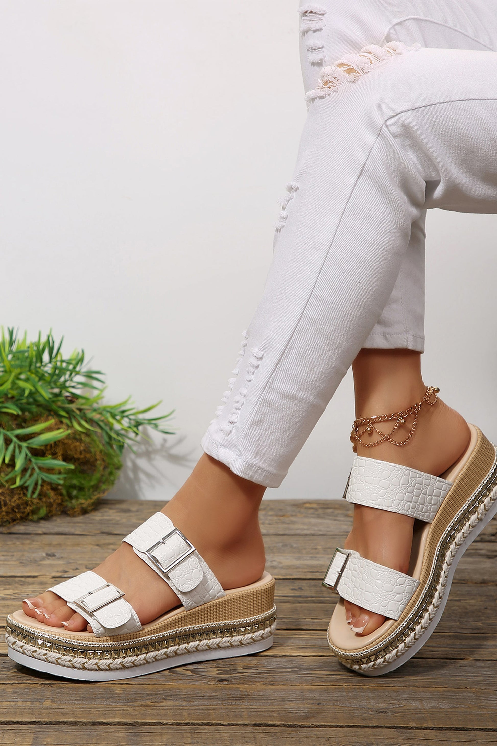 White Metallic Textured PU Leather Buckle Wedge Platform Slippers