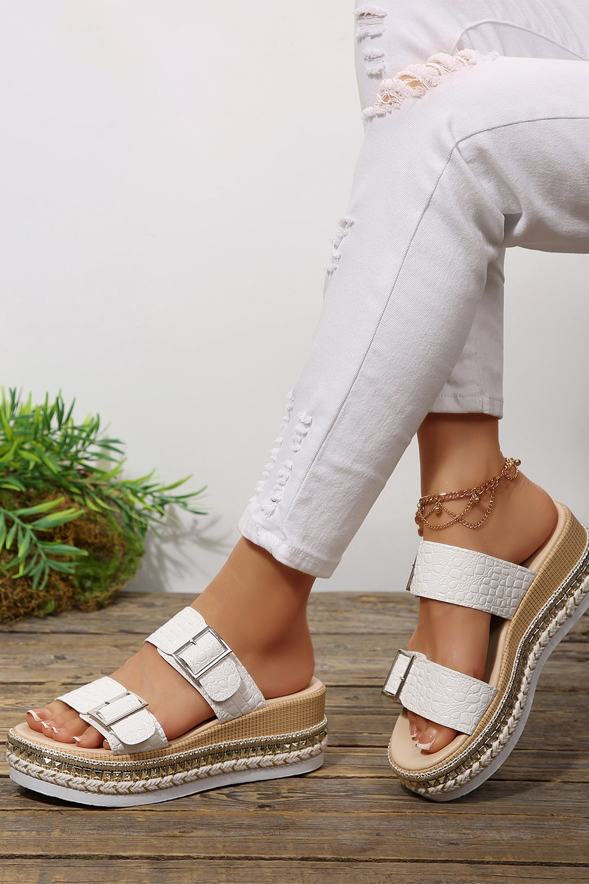White Metallic Textured PU Leather Buckle Wedge Platform Slippers