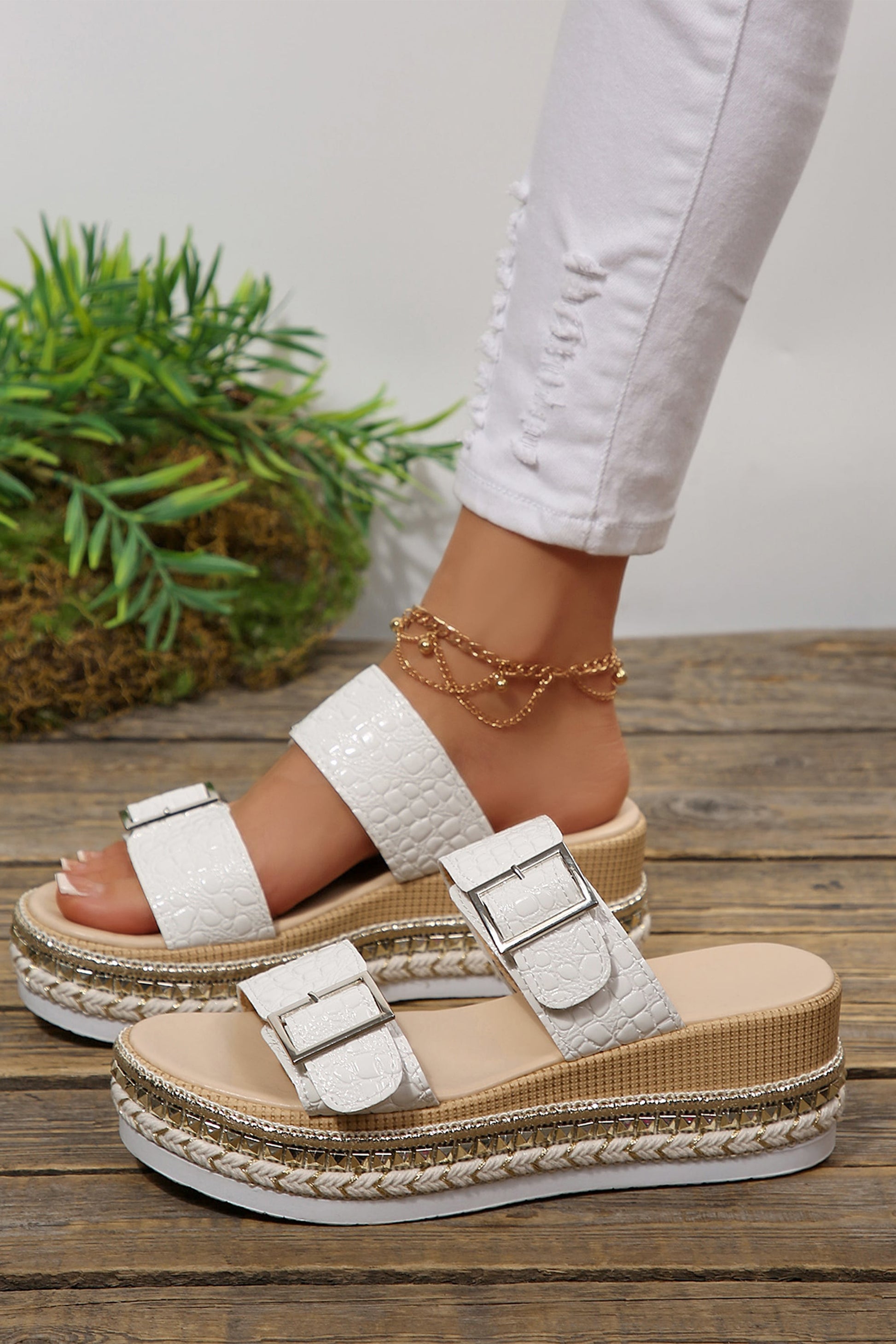 White Metallic Textured PU Leather Buckle Wedge Platform Slippers