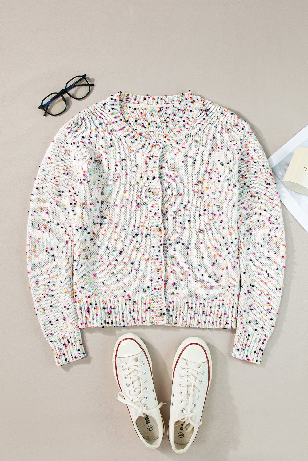 White Rhinestone Decor Multicolor Confetti Sweater Cardigan