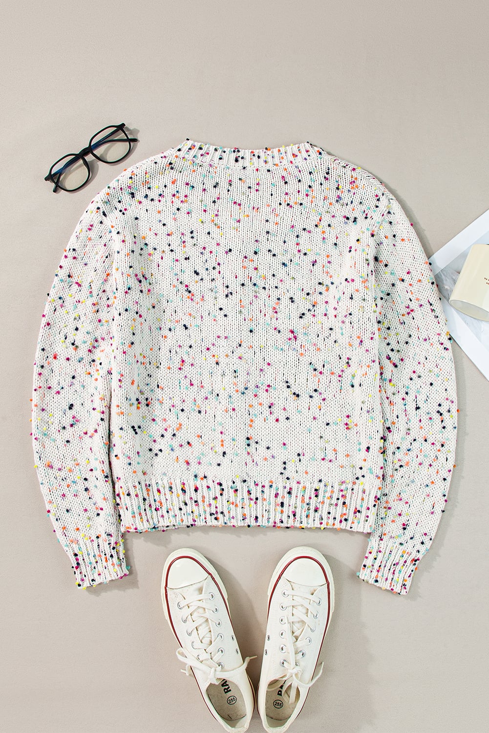 White Rhinestone Decor Multicolor Confetti Sweater Cardigan
