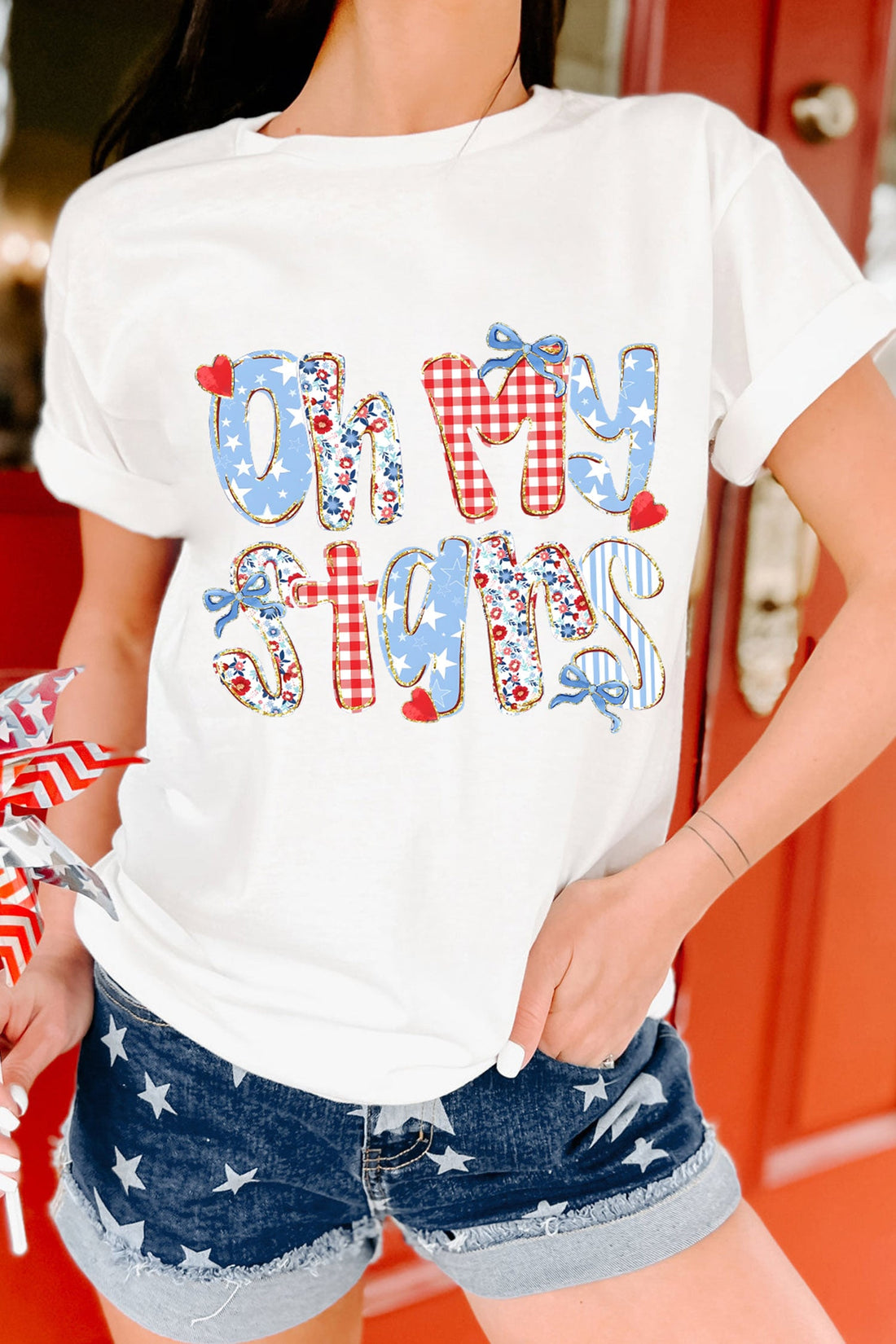 White Patriotic Oh My Stars Slogan Graphic T-Shirt