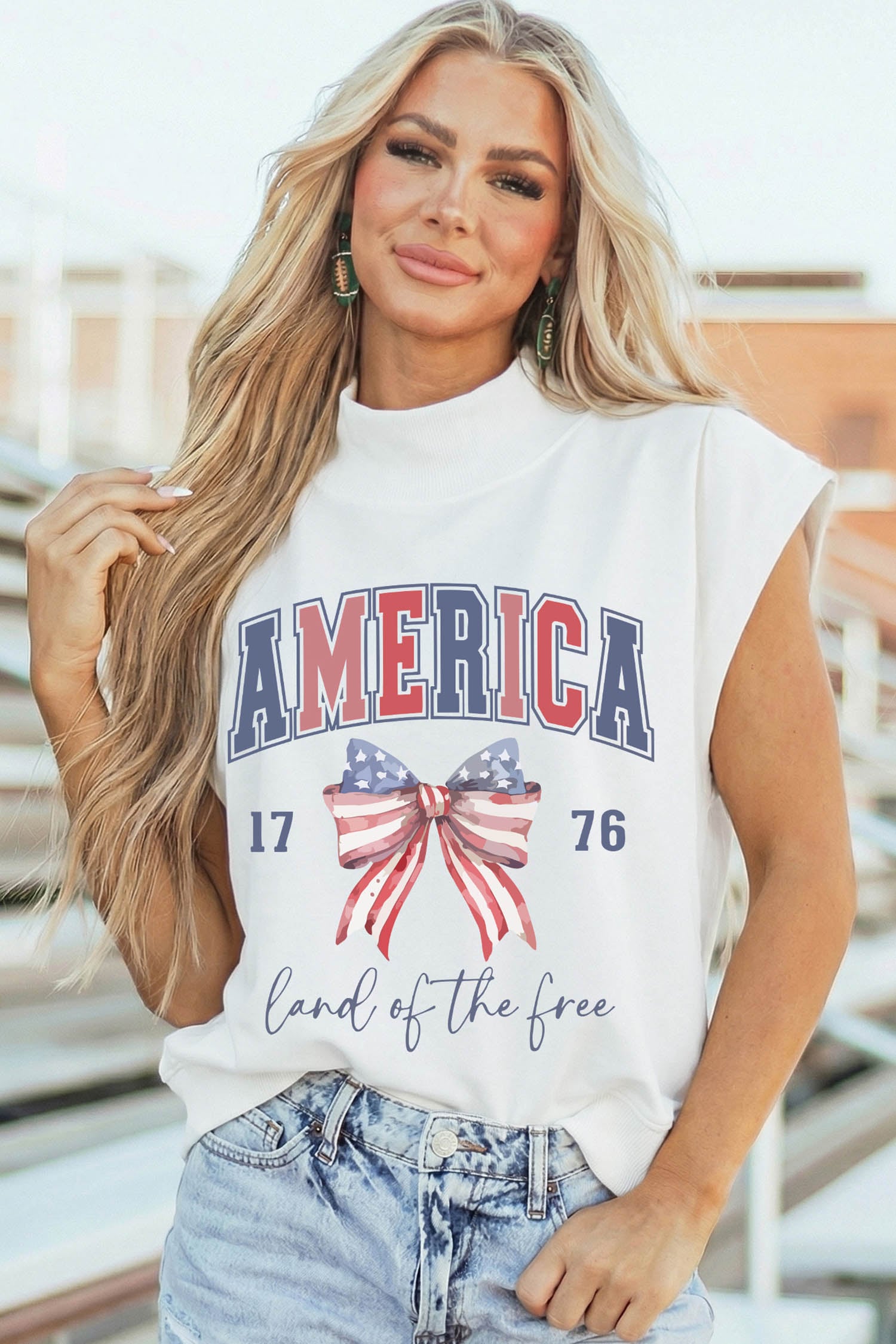 White Patriotic Slogan America Flag Print Mock Neck Tee