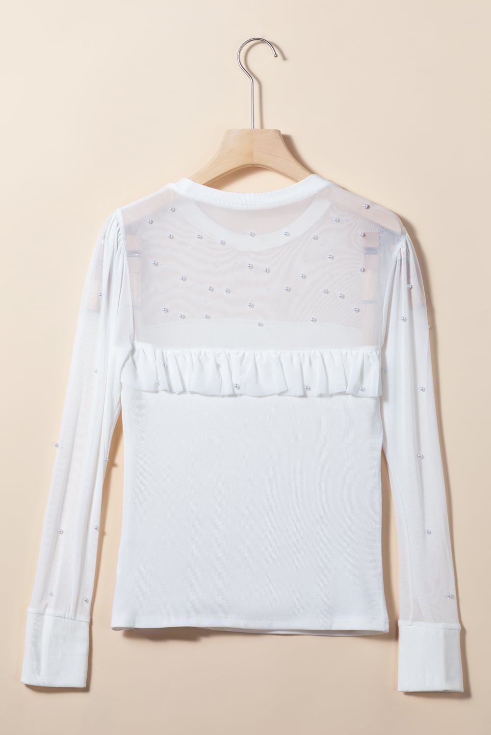 White Pearl Decor Mesh Patchwork Ribbed Long Sleeve Top