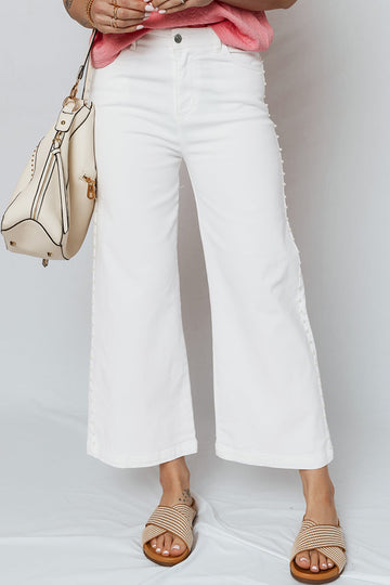 White Pearl Embellished Side Seam Ankle-length Shift Jeans