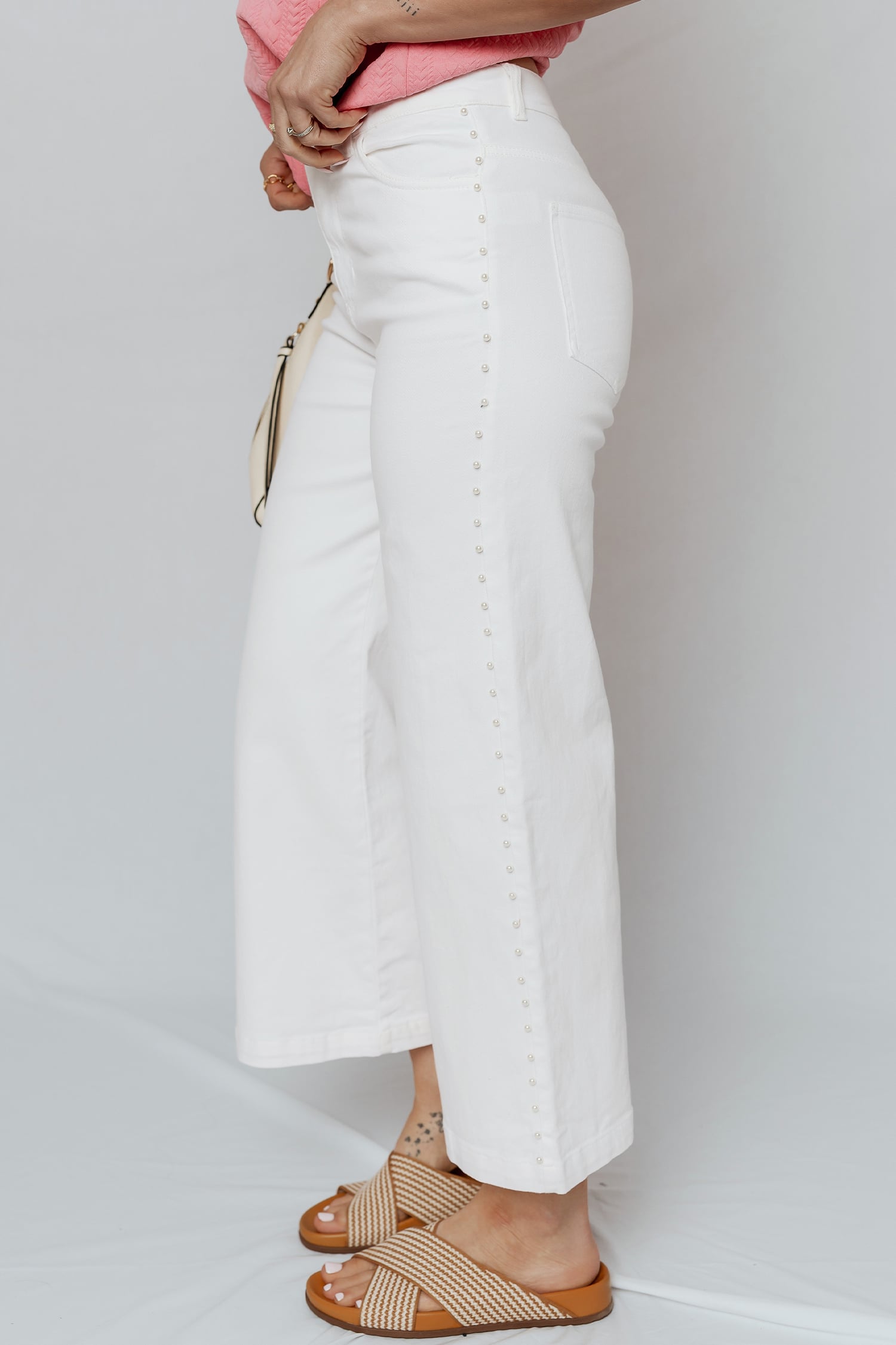 White Pearl Embellished Side Seam Ankle-length Shift Jeans