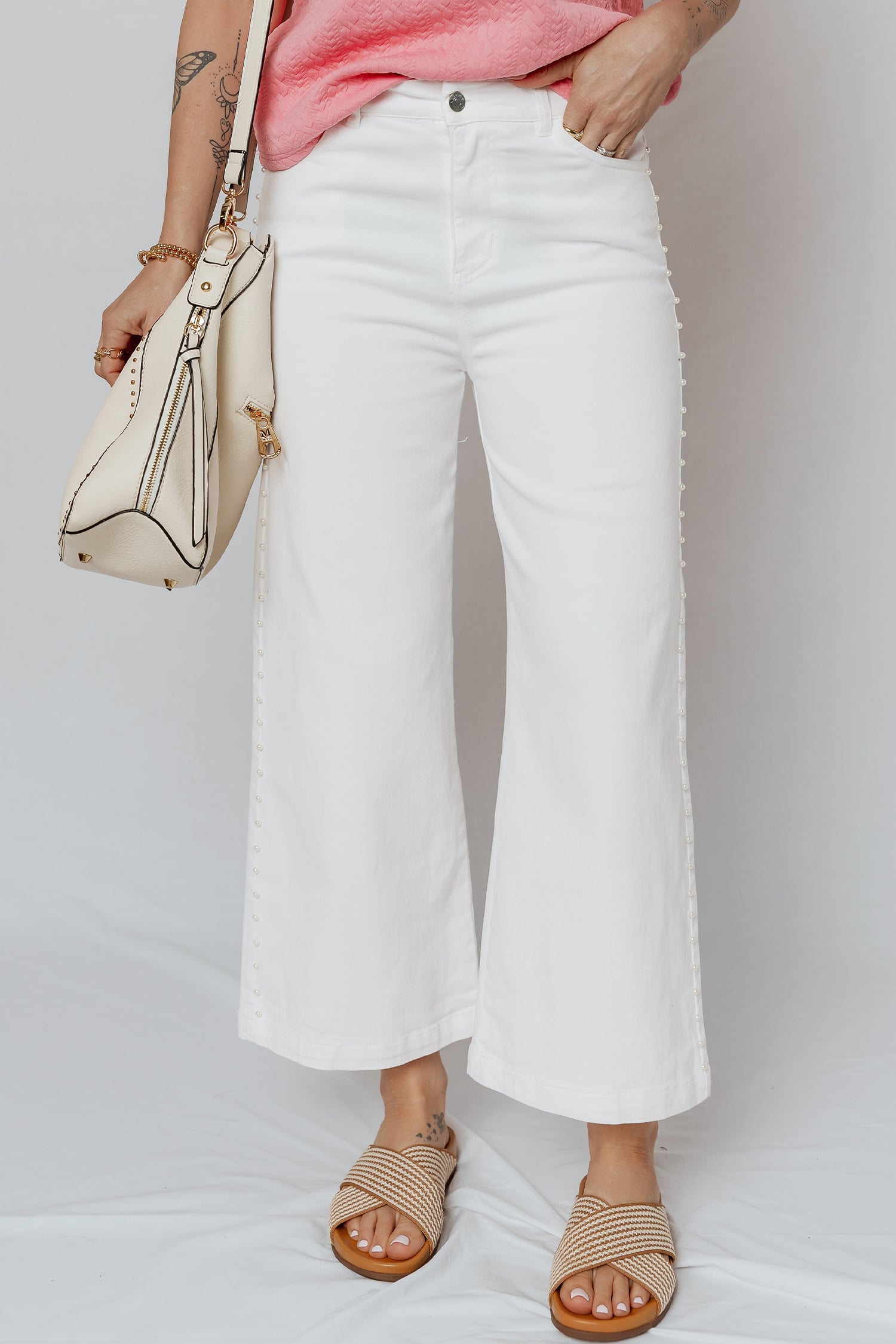 White Pearl Embellished Side Seam Ankle-length Shift Jeans