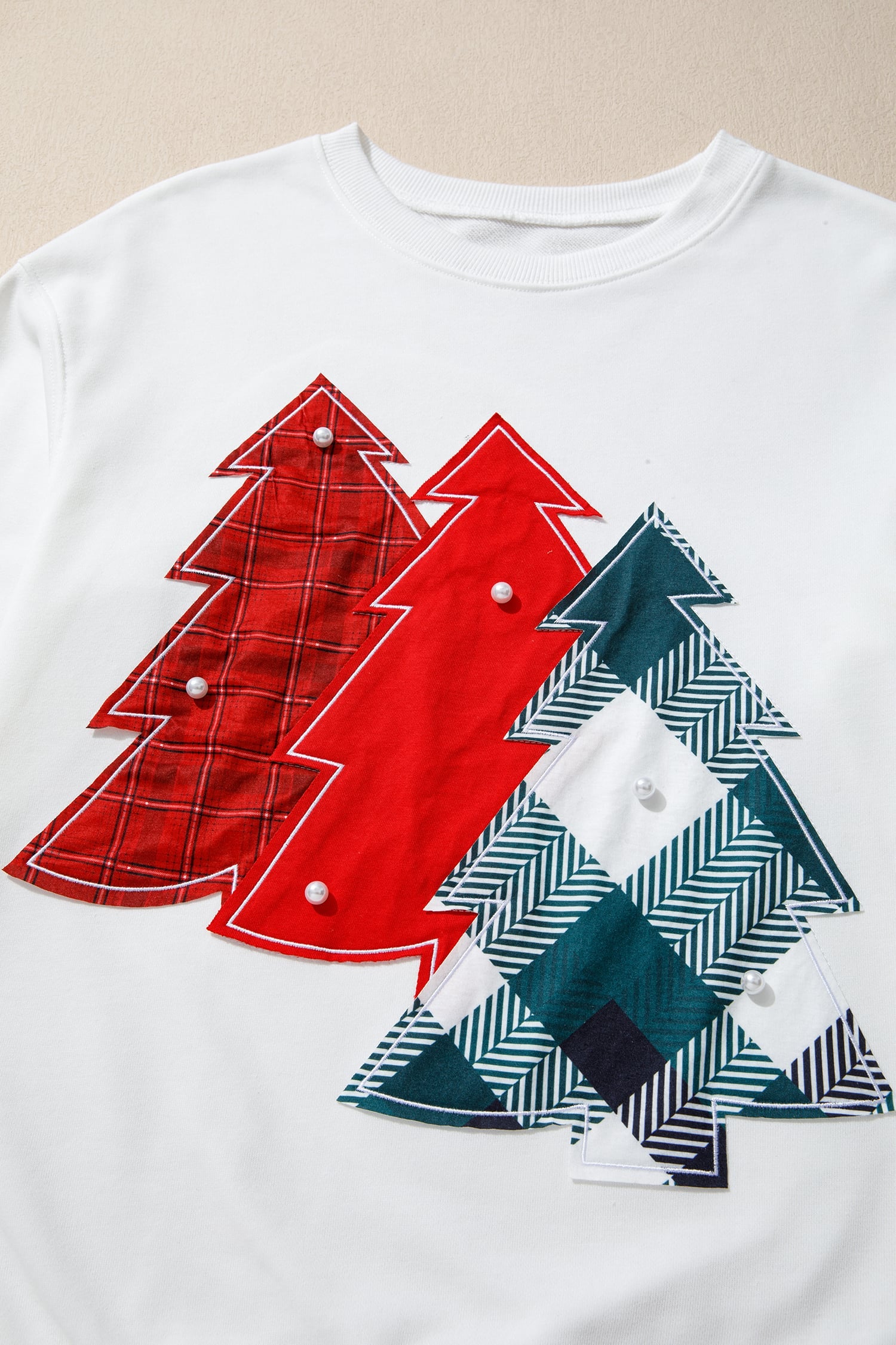 White Pearl Plaid Christmas Tree Patched Drop Shoulder Sweatshirt