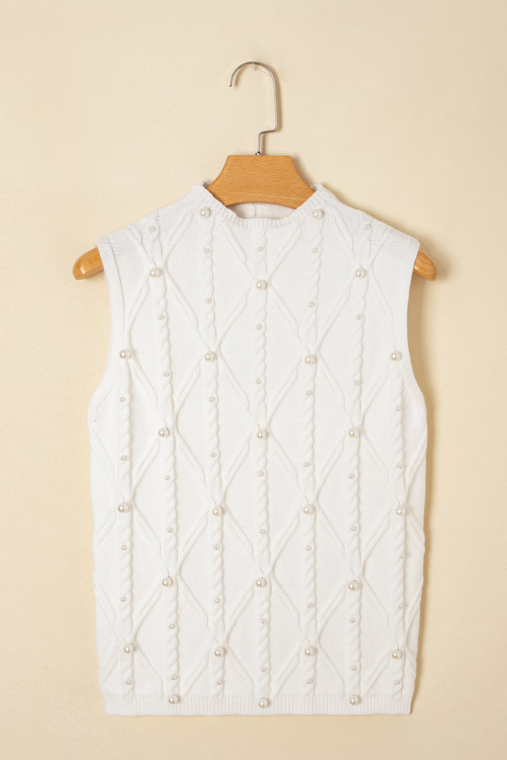 White Pearled High Neck Textured Knit Sweater Vest