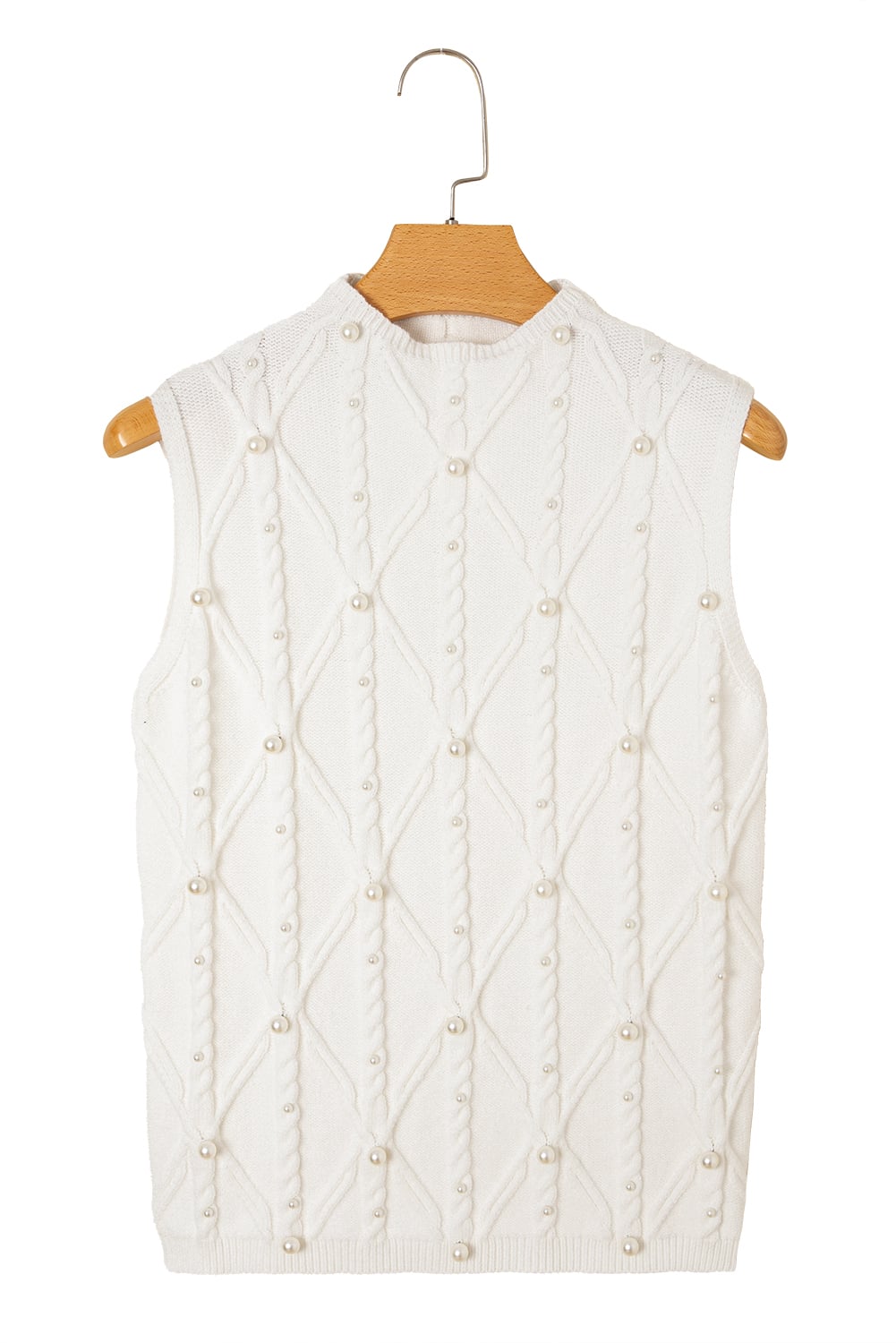White Pearled High Neck Textured Knit Sweater Vest