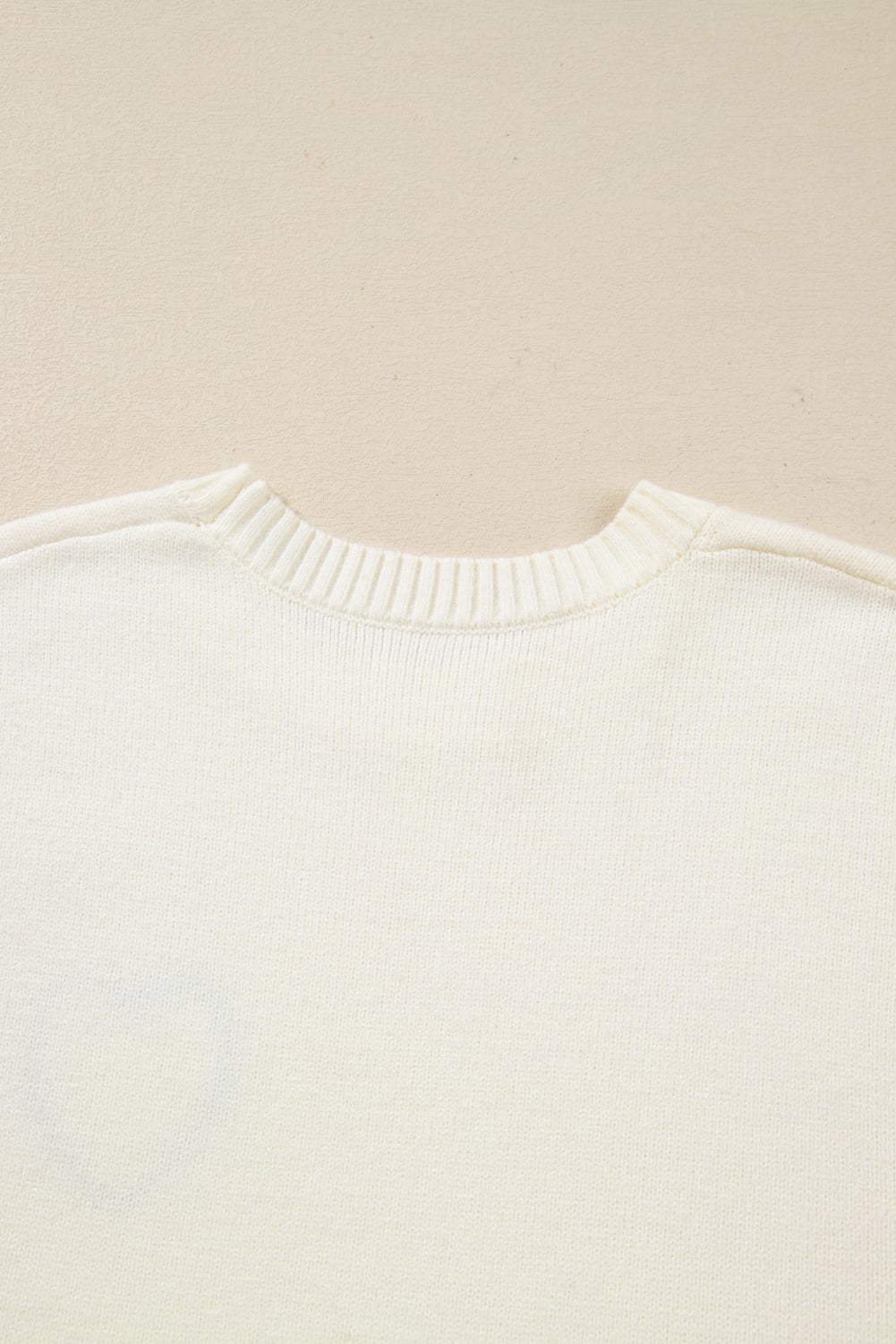 White Plaid Heart Embroidered Cuffed Drop Shoulder Crew Neck Sweater