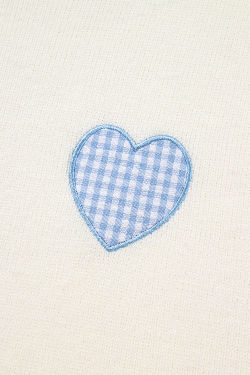 White Plaid Heart Embroidered Cuffed Drop Shoulder Crew Neck Sweater