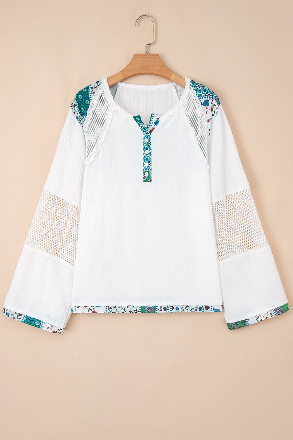 White Plant Mesh Patched Color Block Half Button Blouse