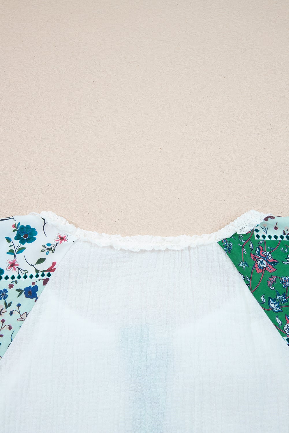 White Plant Mesh Patched Color Block Half Button Blouse