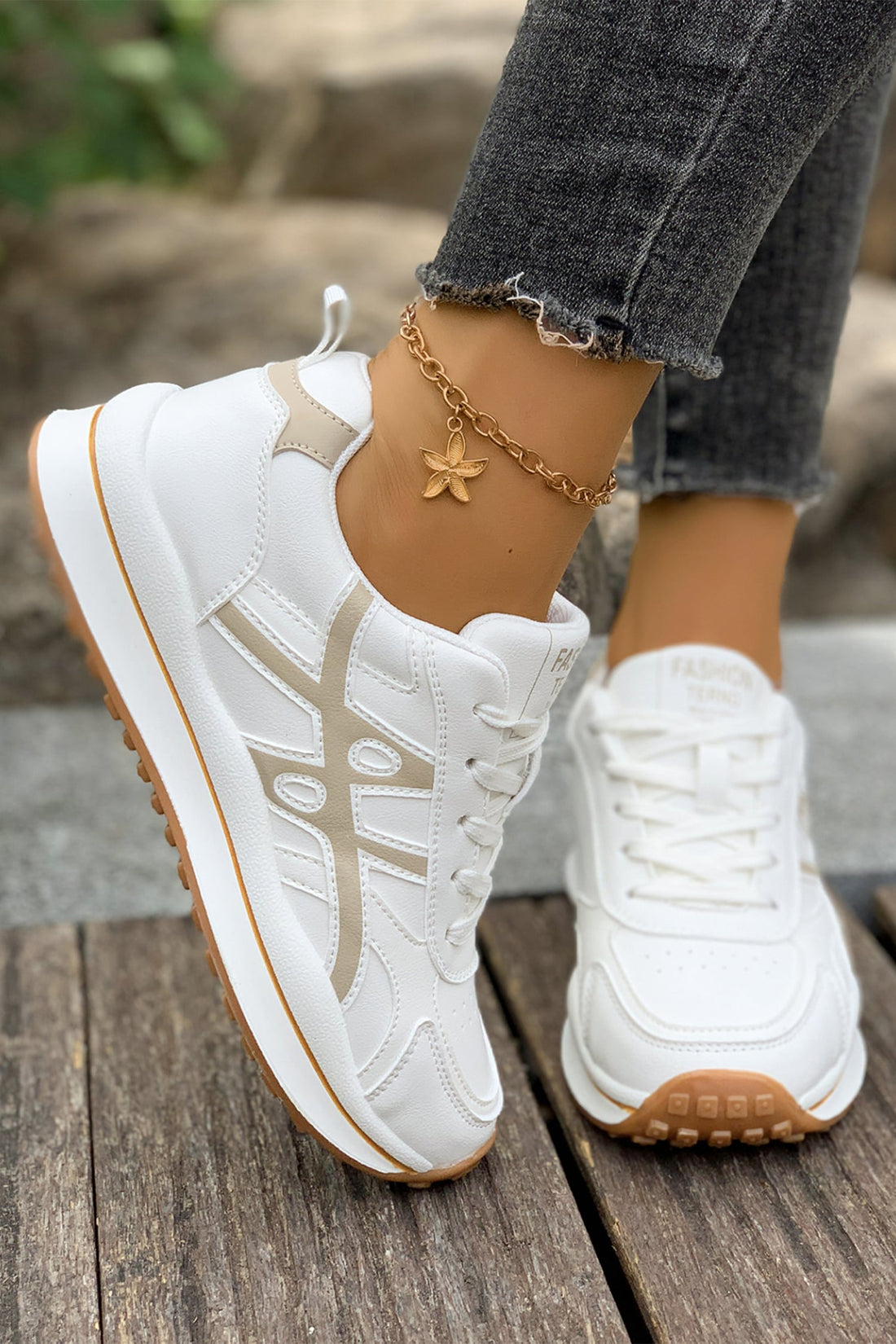 White Playful Contrast Color Detail Lace Up Womens Sneakers