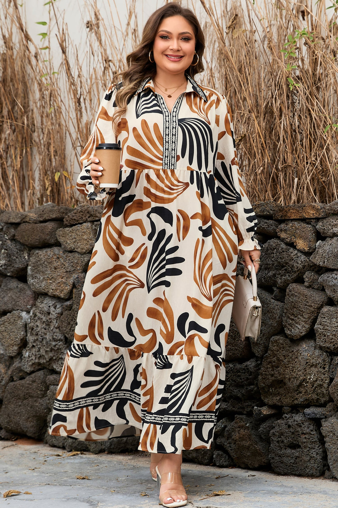 White Plus Size Abstract Print Contrast Collar Split Neck Shift Long Dress