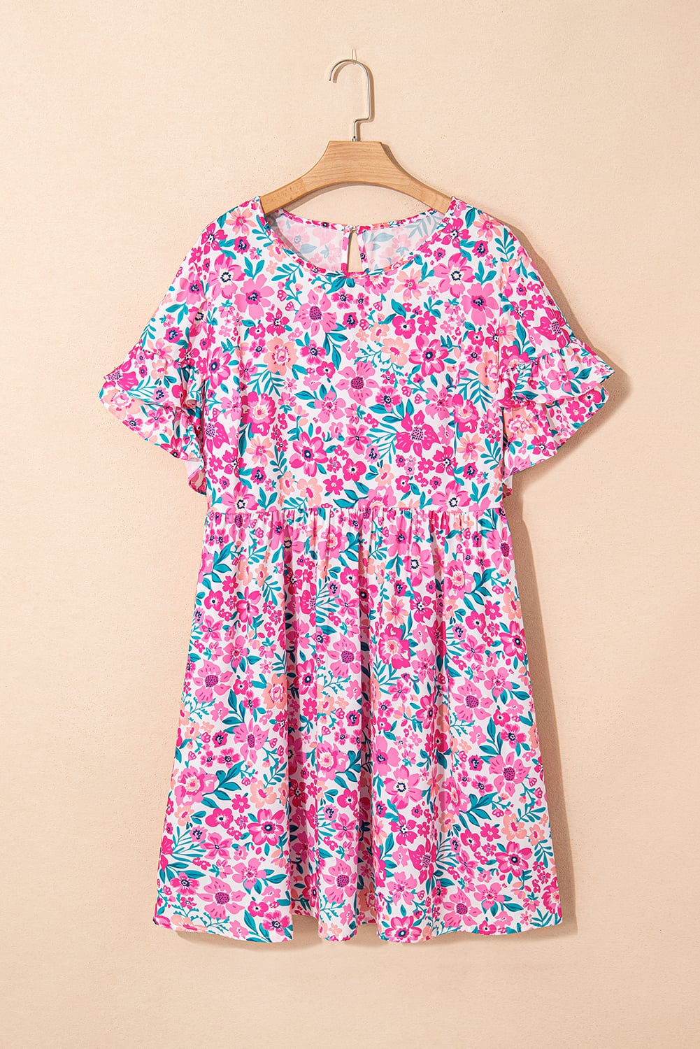 White Plus Size Floral Print Frilled Short Sleeve Flare Dress