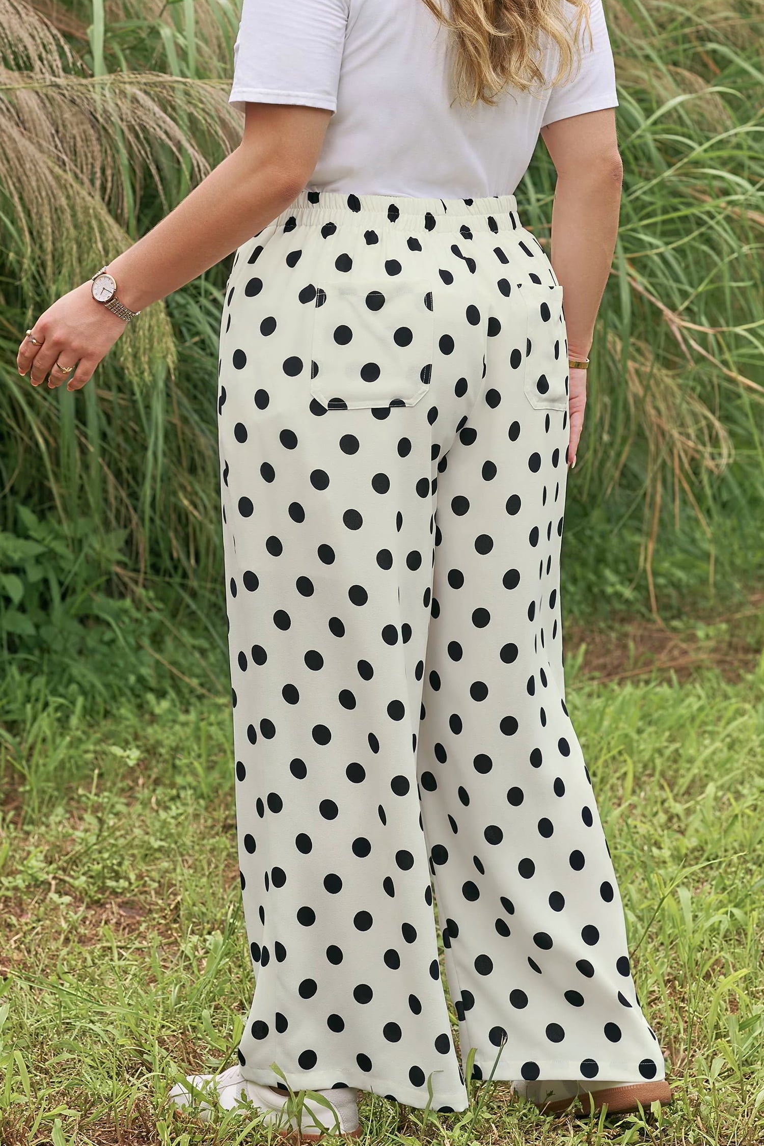 White Plus Size Polka Dot Print Patch Pocket Womens Shift Pants