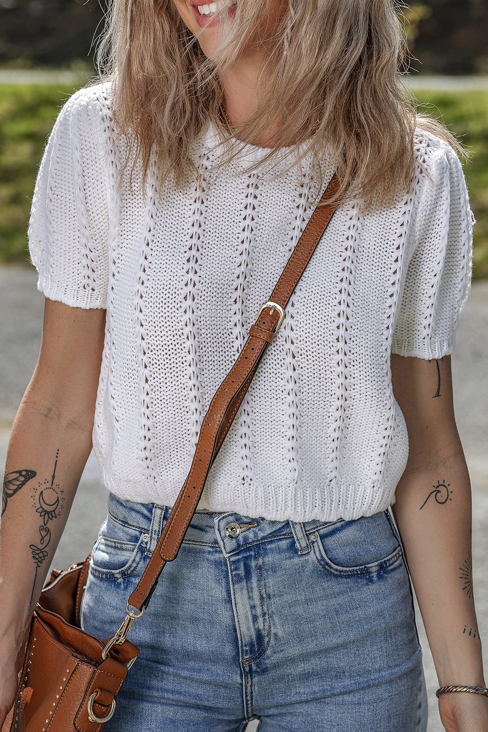 White Pointelle Knit Short Puff Sleeve Crewneck Sweater