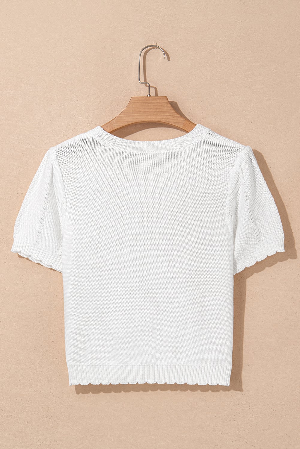 White Pointelle Knit Short Puff Sleeve Crewneck Sweater