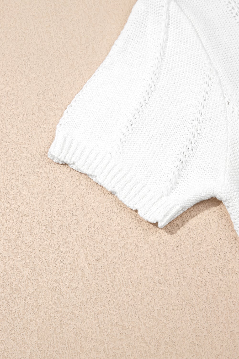 White Pointelle Knit Short Puff Sleeve Crewneck Sweater