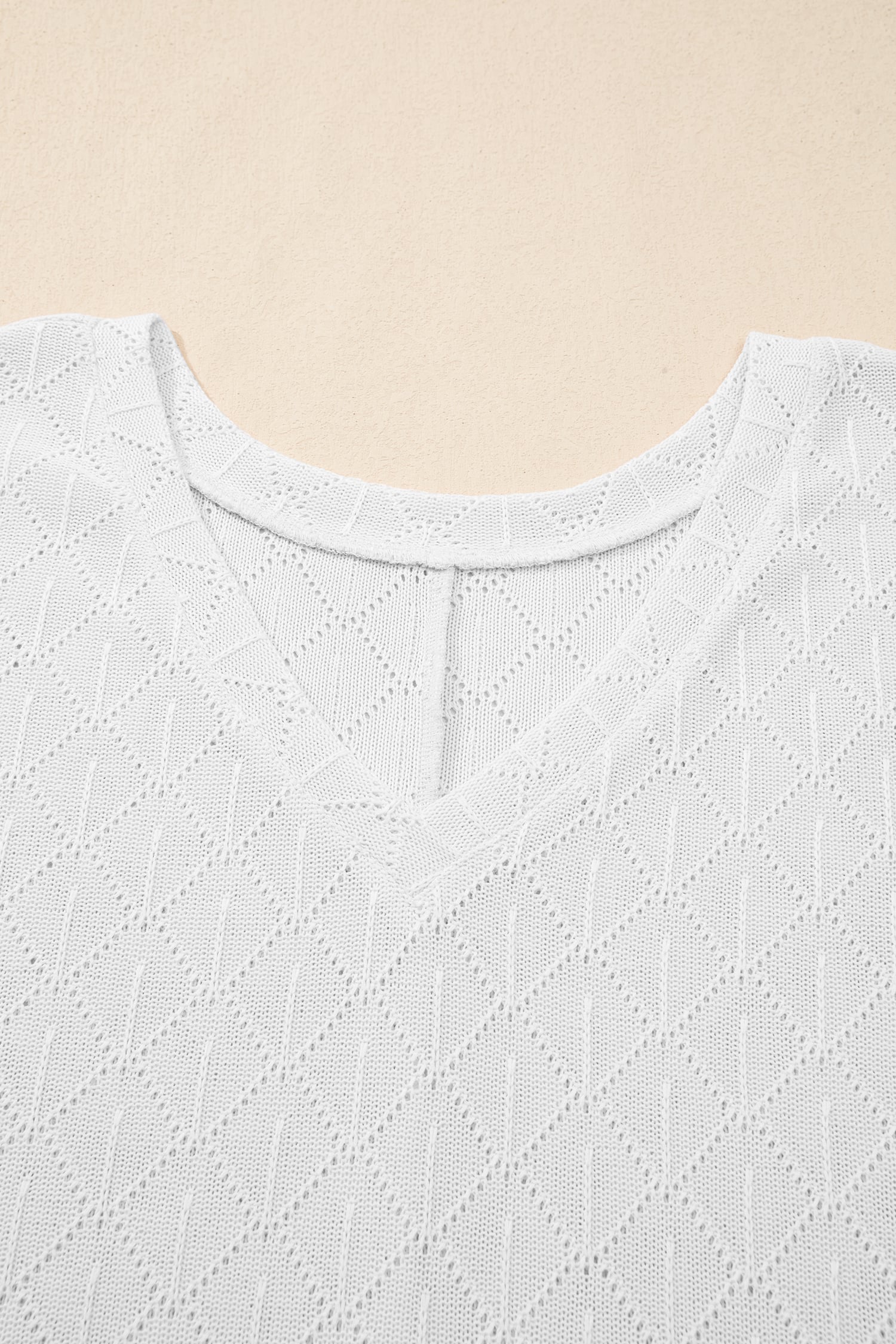 White Pointelle Rhombus Knit Plus Size V Neck Loose Top