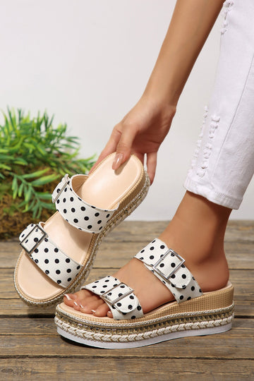 White Polka Dot Pattern Double Buckle Straps Hollow Out Platform Slippers