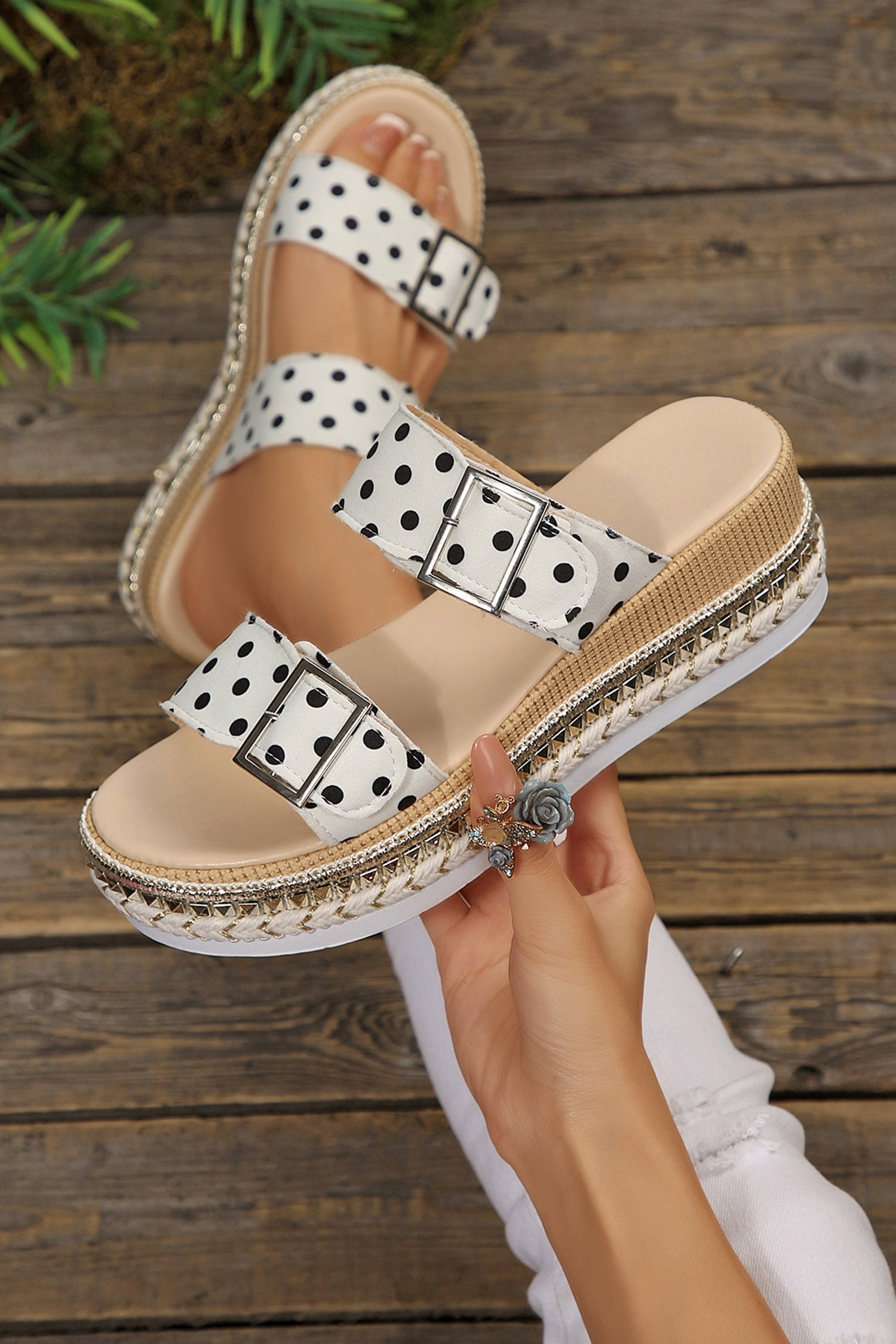 White Polka Dot Pattern Double Buckle Straps Hollow Out Platform Slippers