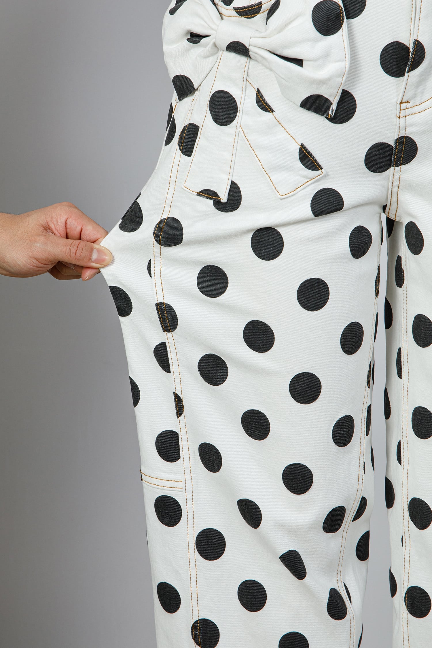 White Polka Dot Print Bow Detail Pocketed Jeans
