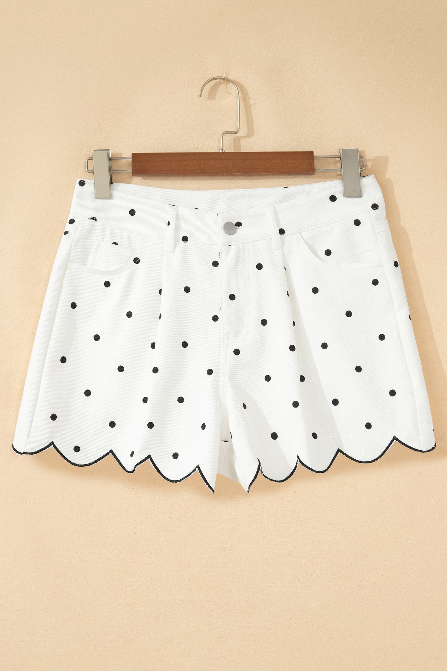 White Polka Dot Print Embroidered Scallop Hem Shorts