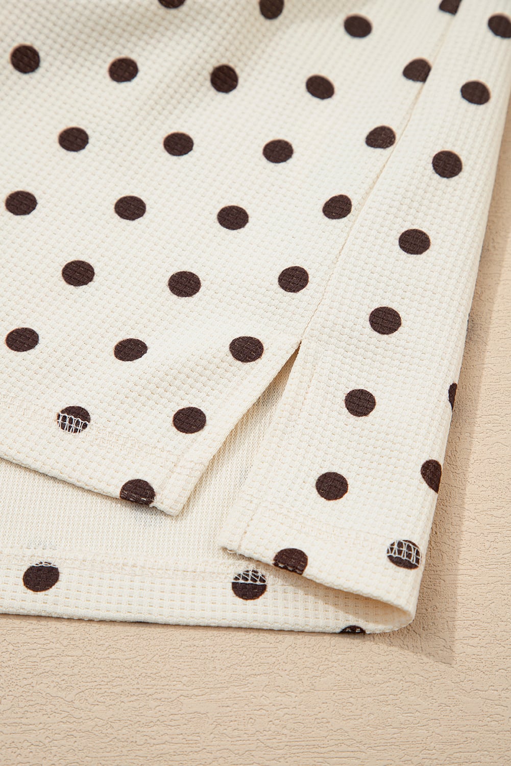 White Polka Dot Print Notched Neck Long Sleeve Top Drawstring Jogger Pants Waffle Knit Lounge Set