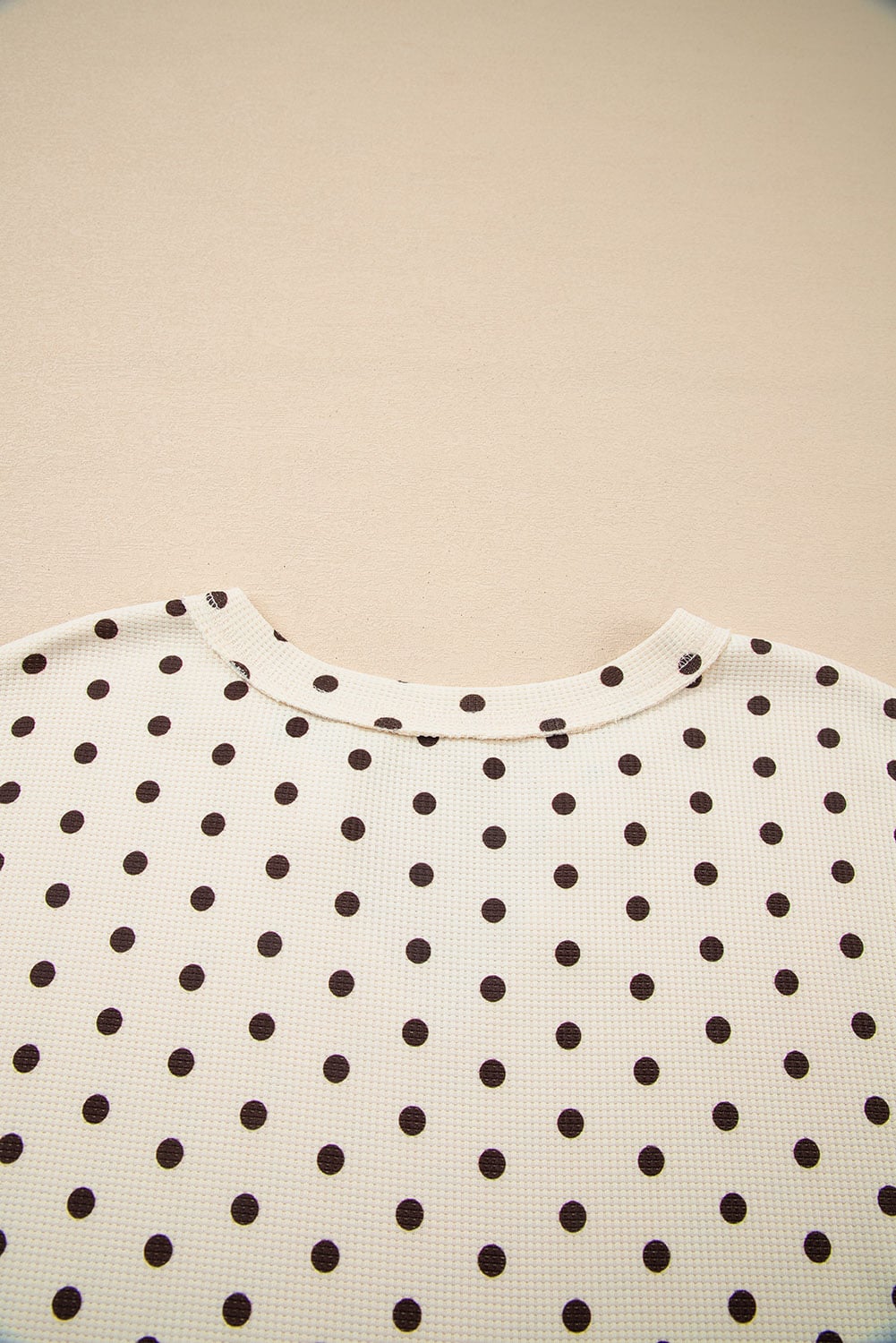 White Polka Dot Print Notched Neck Long Sleeve Top Drawstring Jogger Pants Waffle Knit Lounge Set