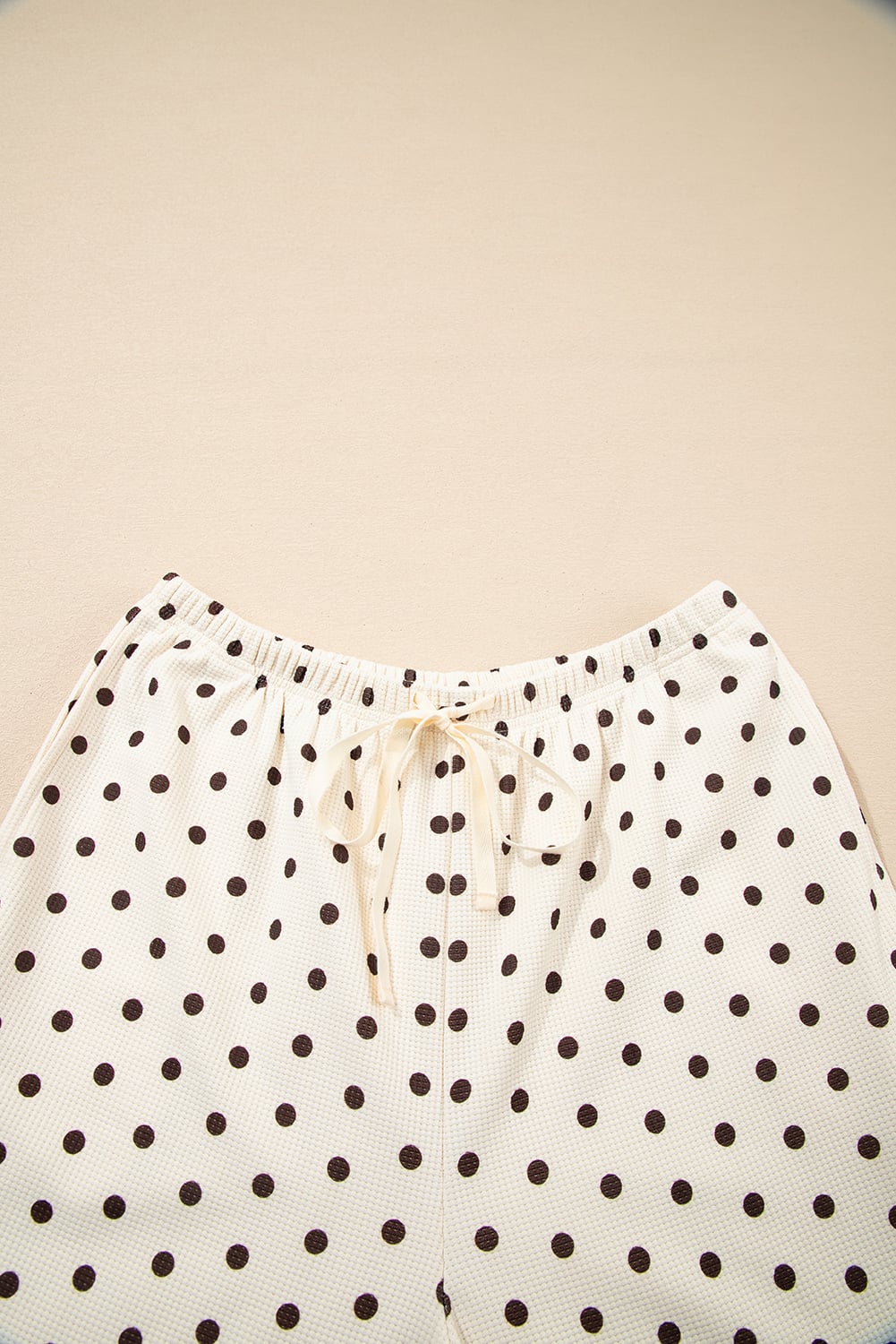 White Polka Dot Print Notched Neck Long Sleeve Top Drawstring Jogger Pants Waffle Knit Lounge Set