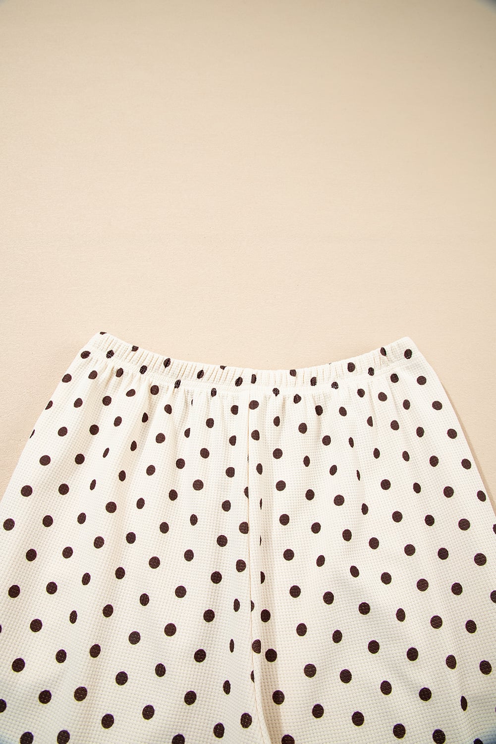 White Polka Dot Print Notched Neck Long Sleeve Top Drawstring Jogger Pants Waffle Knit Lounge Set