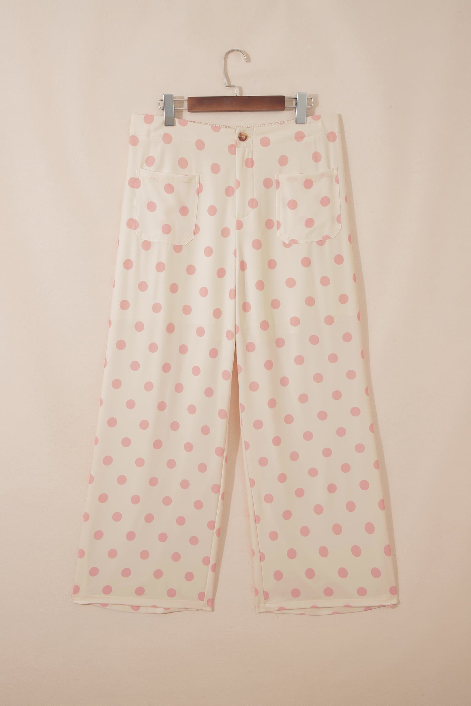 White Polka Dot Print Patched Pocket Mid-rise Straight Leg Pants