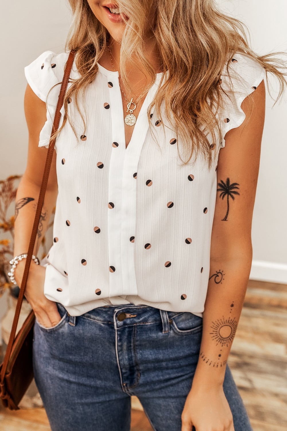 White Polka Dot Print Ruffled Shoulder V Neck Tank Top
