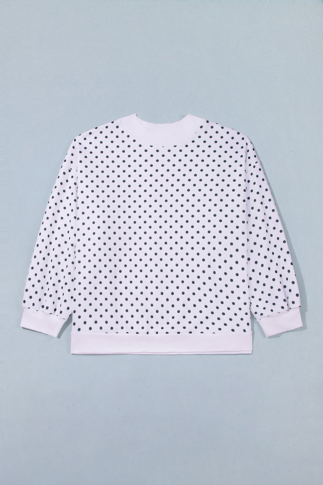 White Polka Dot Ribbed Stand Neck Plus Size Casual Sweatshirt