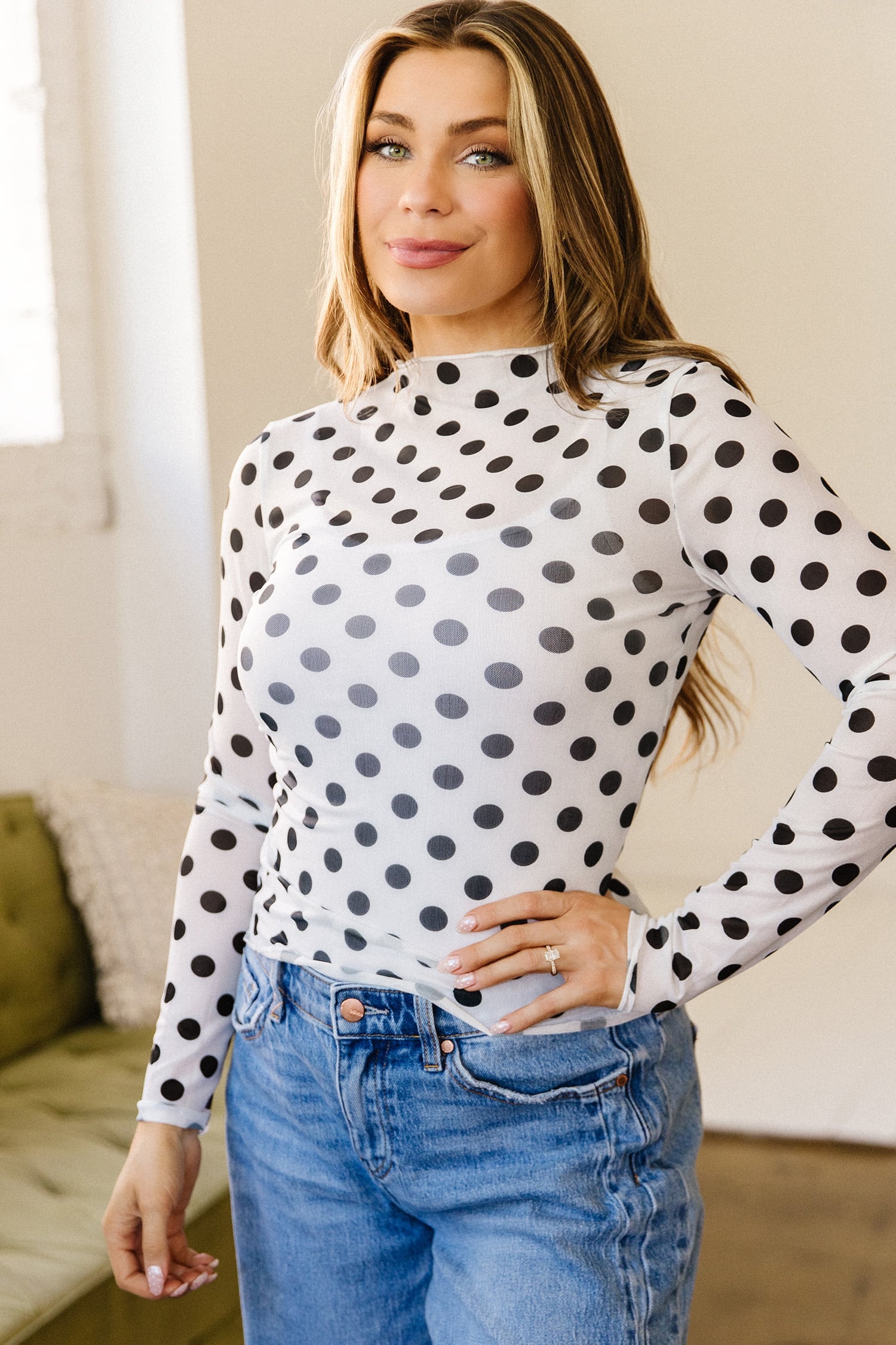 White Polka Dot Mesh Long Sleeve Stand Neck Sheath Top