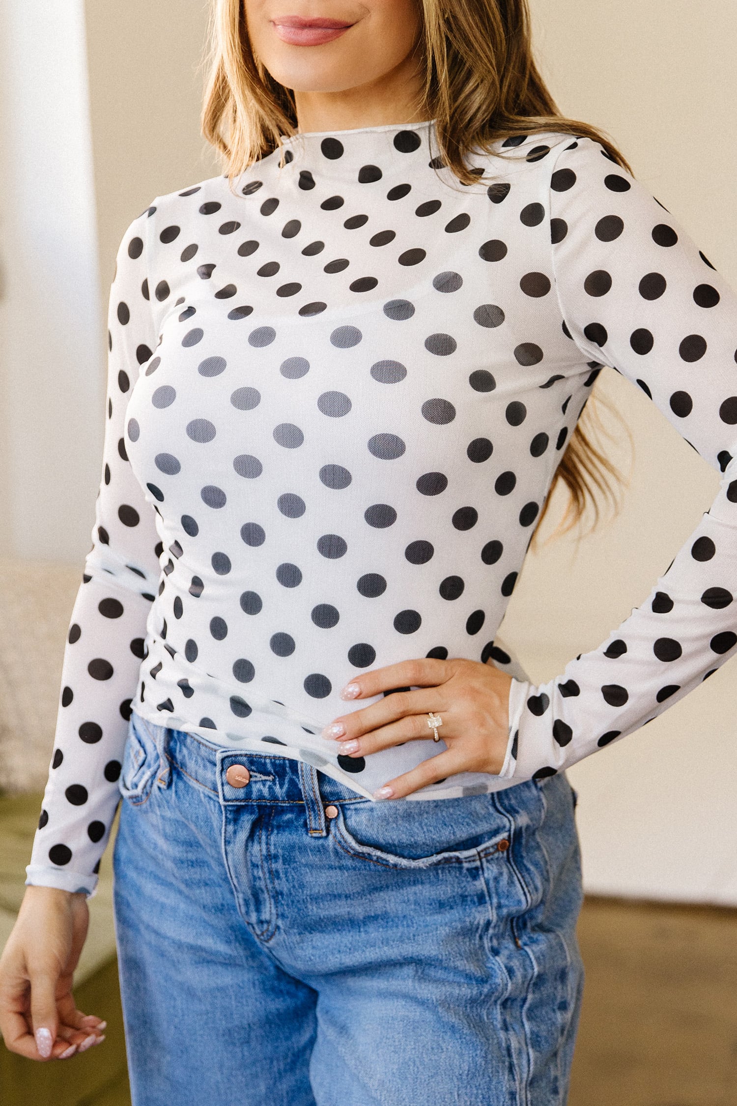 White Polka Dot Mesh Long Sleeve Stand Neck Sheath Top